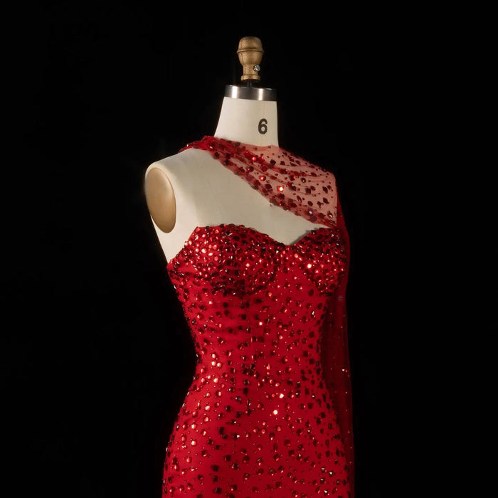 Luxury Red One-Shoulder Beaded Evening Dress with Sheer Cape SS711-DreamyVow