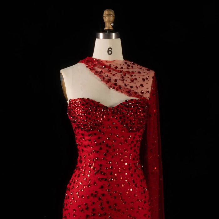 Luxury Red One-Shoulder Beaded Evening Dress with Sheer Cape SS711-DreamyVow