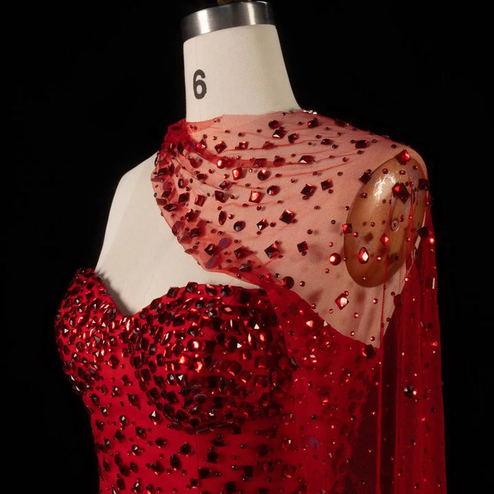 Luxury Red One-Shoulder Beaded Evening Dress with Sheer Cape SS711-DreamyVow