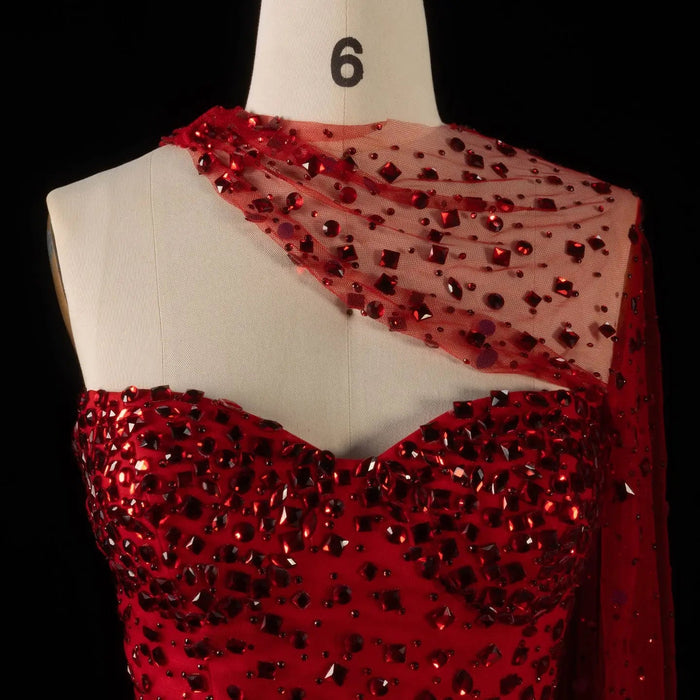 Luxury Red One-Shoulder Beaded Evening Dress with Sheer Cape SS711-DreamyVow