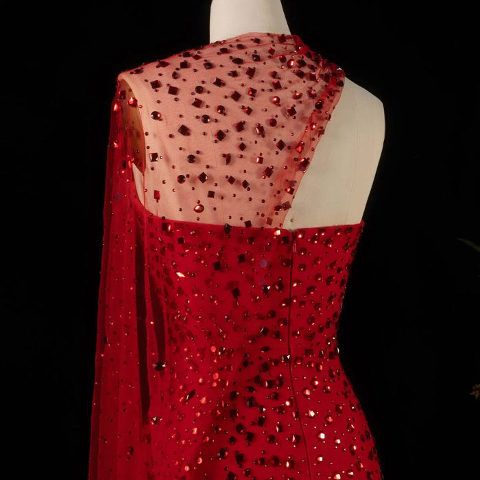 Luxury Red One-Shoulder Beaded Evening Dress with Sheer Cape SS711-DreamyVow