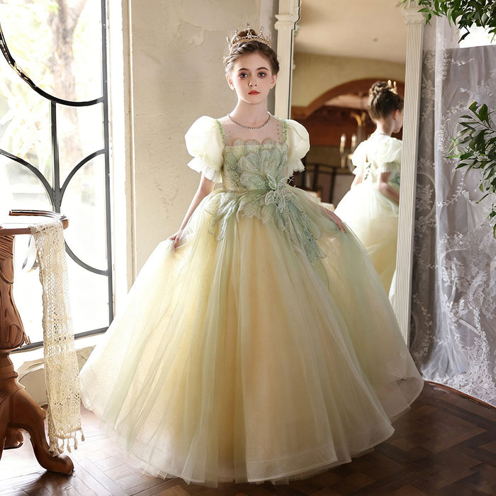 Luxury Sage Green Flower Girl Dress with Embroidery Princess Tulle Wedding Gown J219