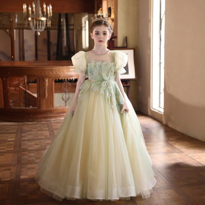 Luxury Sage Green Flower Girl Dress with Embroidery Princess Tulle Wedding Gown J219