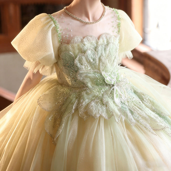 Luxury Sage Green Flower Girl Dress with Embroidery Princess Tulle Wedding Gown J219