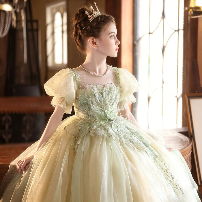 Luxury Sage Green Flower Girl Dress with Embroidery Princess Tulle Wedding Gown J219