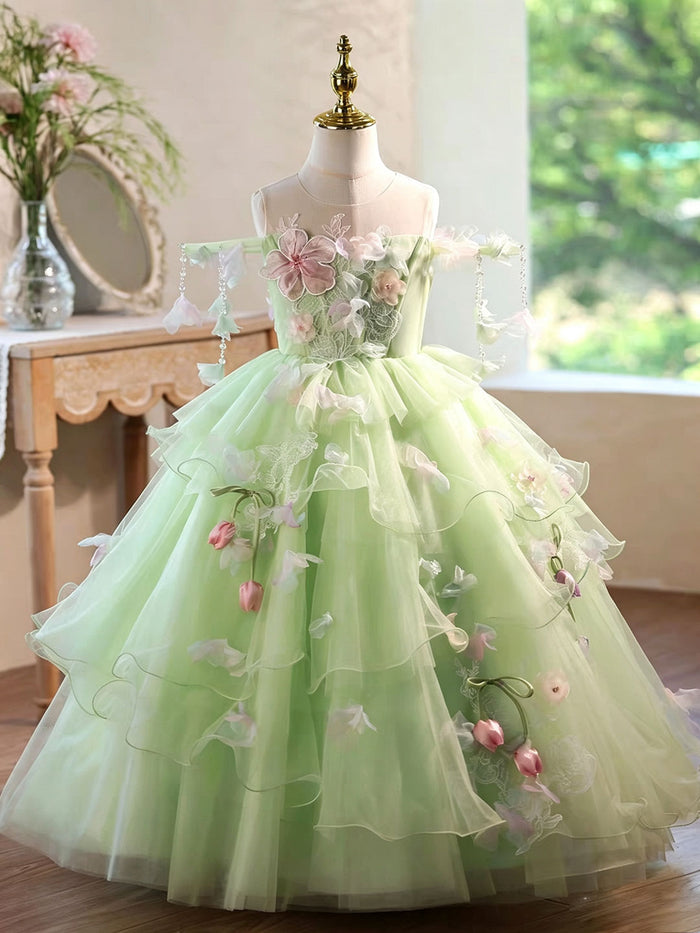 Luxury Sage Green Flower Girl Dress with Floral Layered Tulle D343