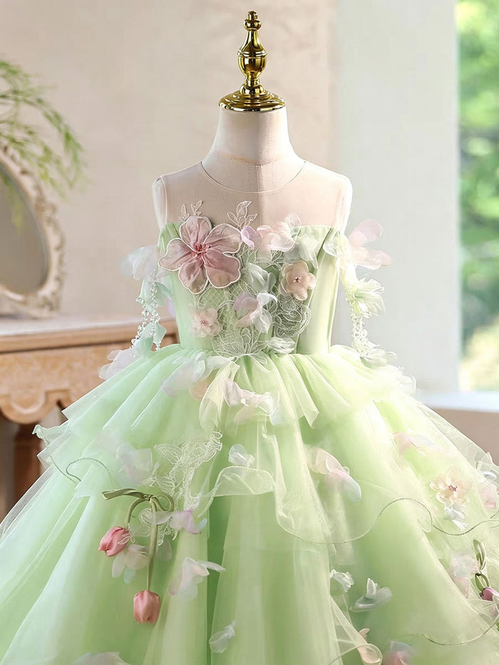 Luxury Sage Green Flower Girl Dress with Floral Layered Tulle D343
