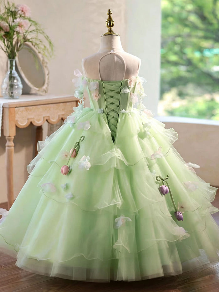 Luxury Sage Green Flower Girl Dress with Floral Layered Tulle D343