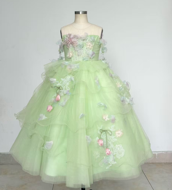Luxury Sage Green Flower Girl Dress with Floral Layered Tulle D343
