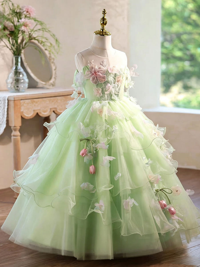 Luxury Sage Green Flower Girl Dress with Floral Layered Tulle D343