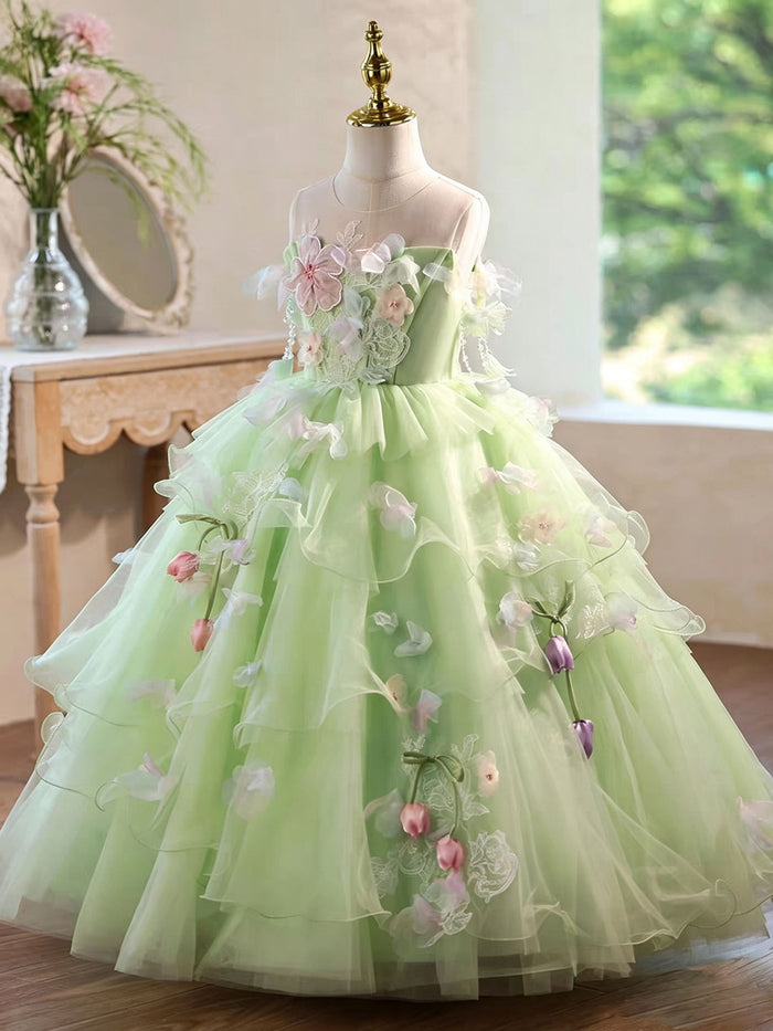 Luxury Sage Green Flower Girl Dress with Floral Layered Tulle D343