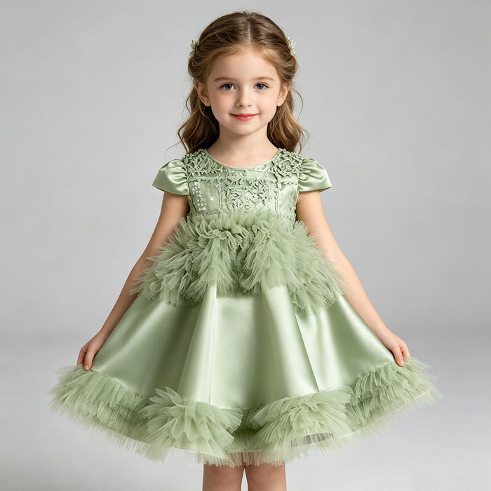 Luxury Sage Green Princess Dress with Feather Details J899