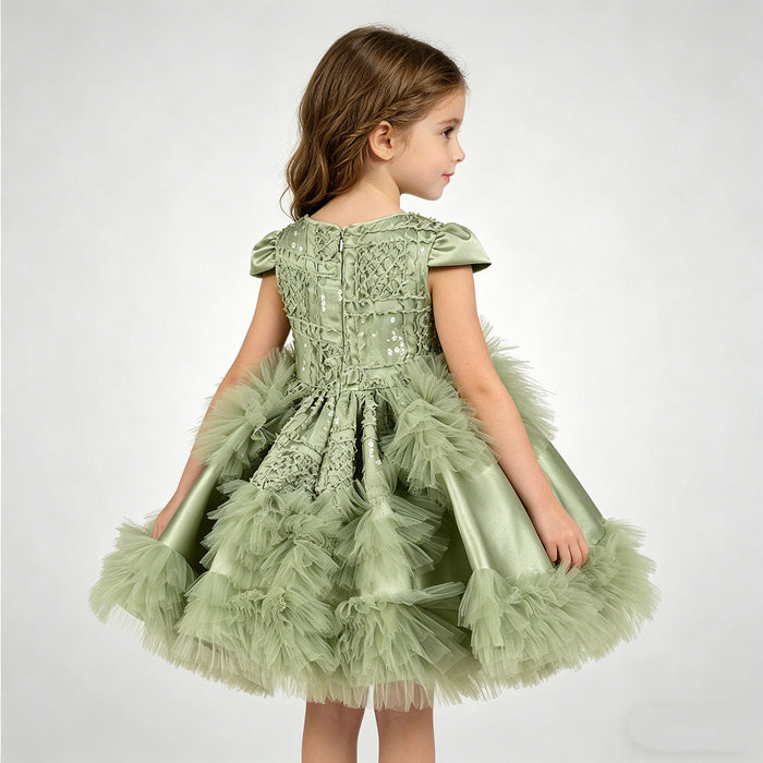 Luxury Sage Green Princess Dress with Feather Details J899