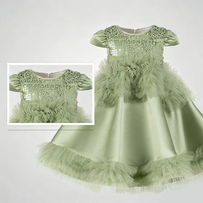 Luxury Sage Green Princess Dress with Feather Details J899