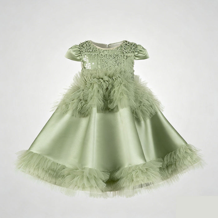 Luxury Sage Green Princess Dress with Feather Details J899