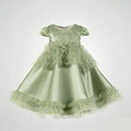 Luxury Sage Green Princess Dress with Feather Details J899
