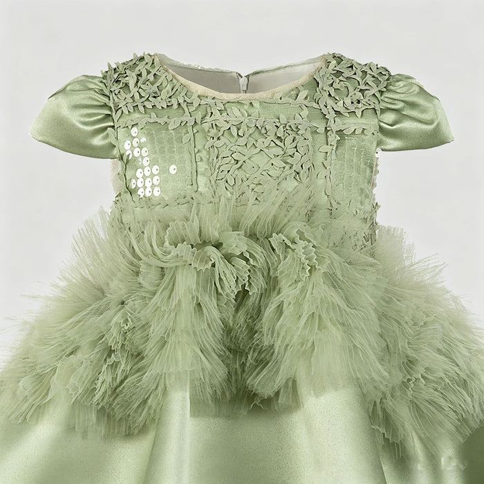 Luxury Sage Green Princess Dress with Feather Details J899