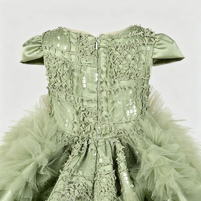 Luxury Sage Green Princess Dress with Feather Details J899