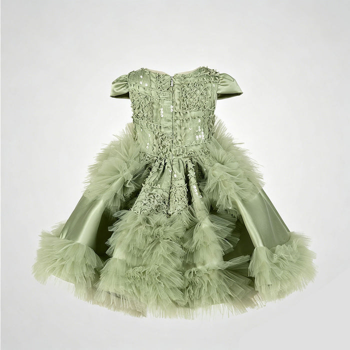 Luxury Sage Green Princess Dress with Feather Details J899