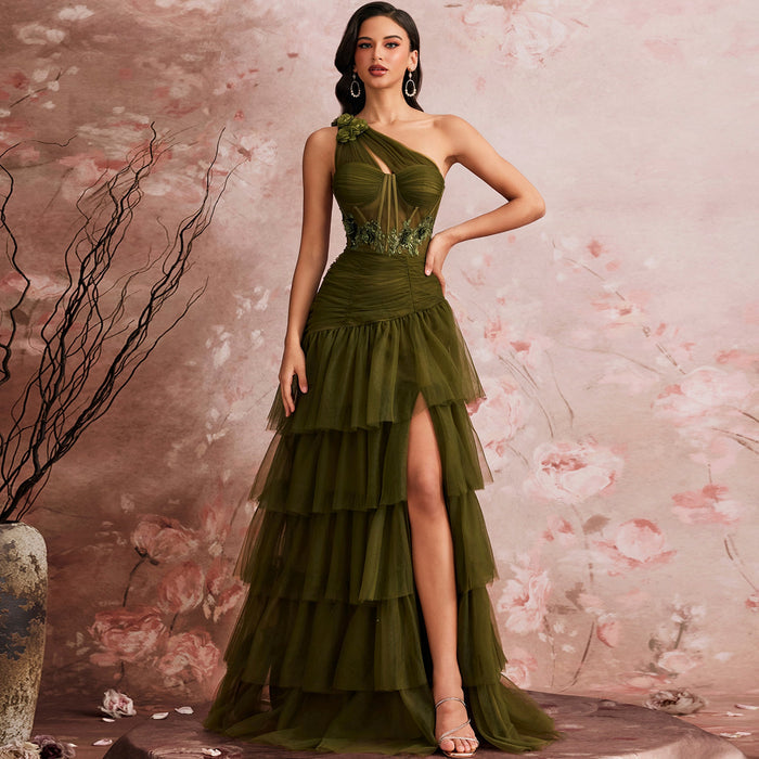 Luxury Skew-shouldered Cake Dress Luxury Sequin Slit Formal Evening Dress - Rosymae
