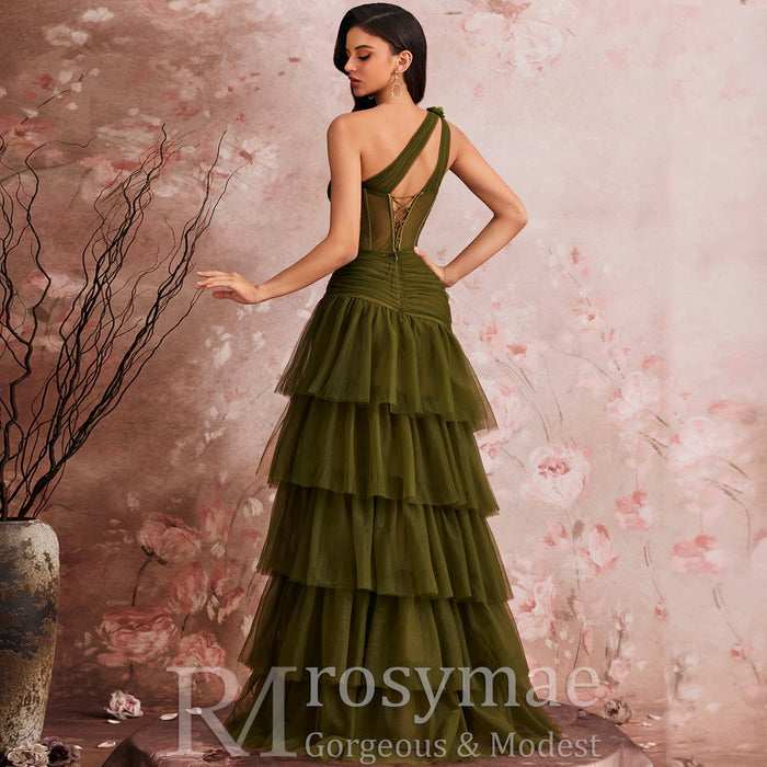 Luxury Skew-shouldered Cake Dress Luxury Sequin Slit Formal Evening Dress - Rosymae