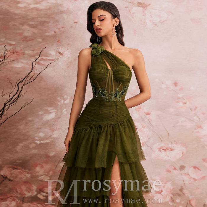 Luxury Skew-shouldered Cake Dress Luxury Sequin Slit Formal Evening Dress - Rosymae