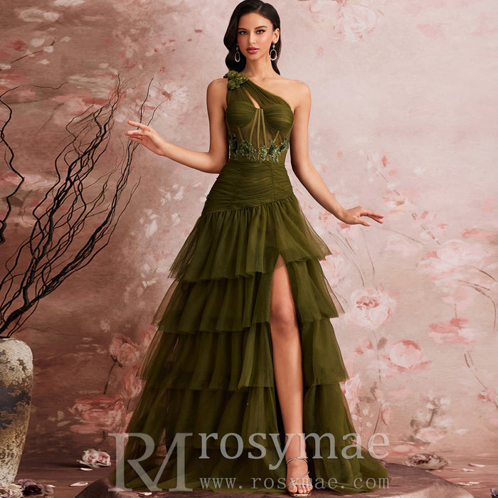 Luxury Skew-shouldered Cake Dress Luxury Sequin Slit Formal Evening Dress - Rosymae