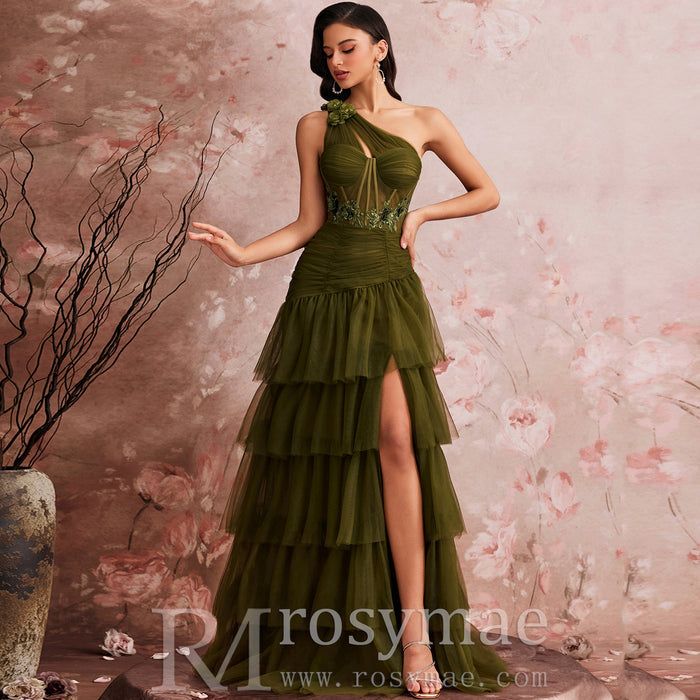 Luxury Skew-shouldered Cake Dress Luxury Sequin Slit Formal Evening Dress - Rosymae