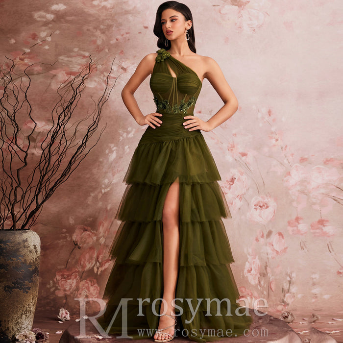 Luxury Skew-shouldered Cake Dress Luxury Sequin Slit Formal Evening Dress - Rosymae