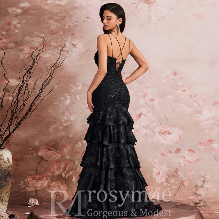Luxury V-neck Cake Dress Luxury Sequins Slit Ruffle Formal Evening Dress - Rosymae