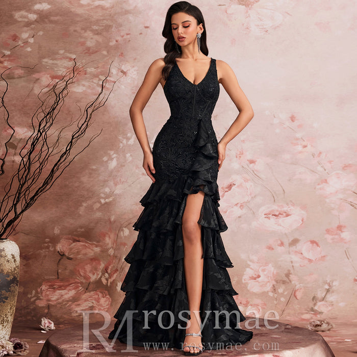 Luxury V-neck Cake Dress Luxury Sequins Slit Ruffle Formal Evening Dress - Rosymae