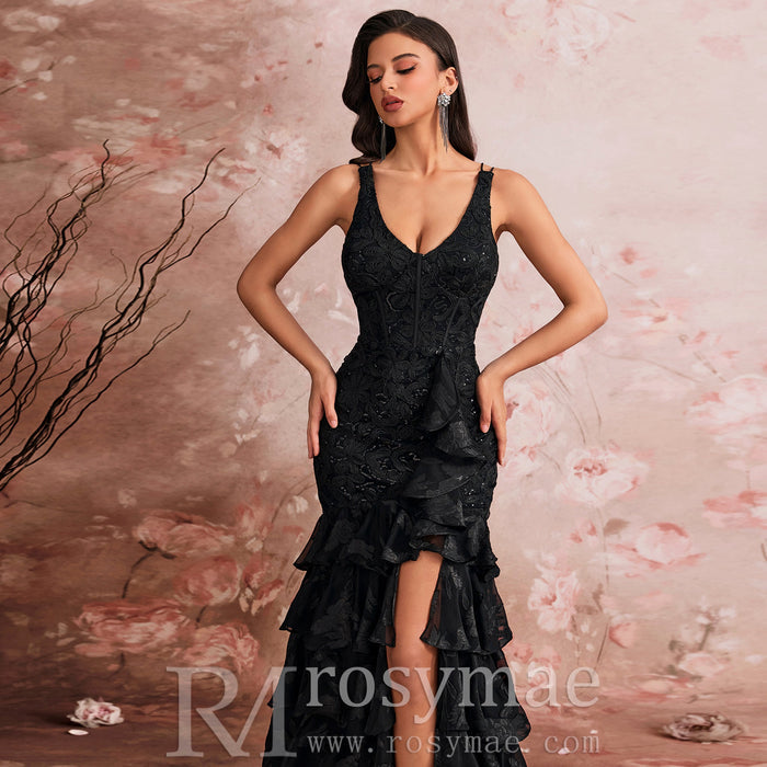 Luxury V-neck Cake Dress Luxury Sequins Slit Ruffle Formal Evening Dress - Rosymae