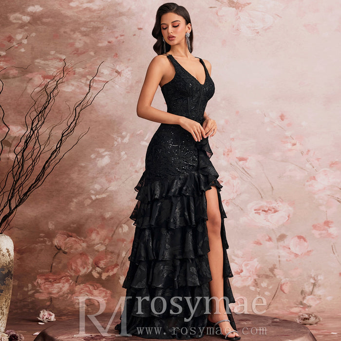 Luxury V-neck Cake Dress Luxury Sequins Slit Ruffle Formal Evening Dress - Rosymae