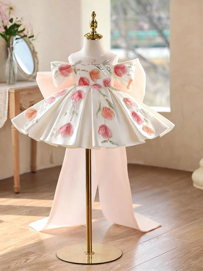 Luxury White Satin Flower Girl Dress with 3D Tulip Embroidery Princess Party Dress D267