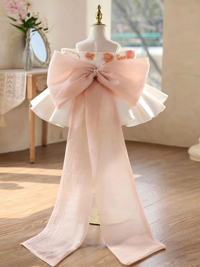 Luxury White Satin Flower Girl Dress with 3D Tulip Embroidery Princess Party Dress D267
