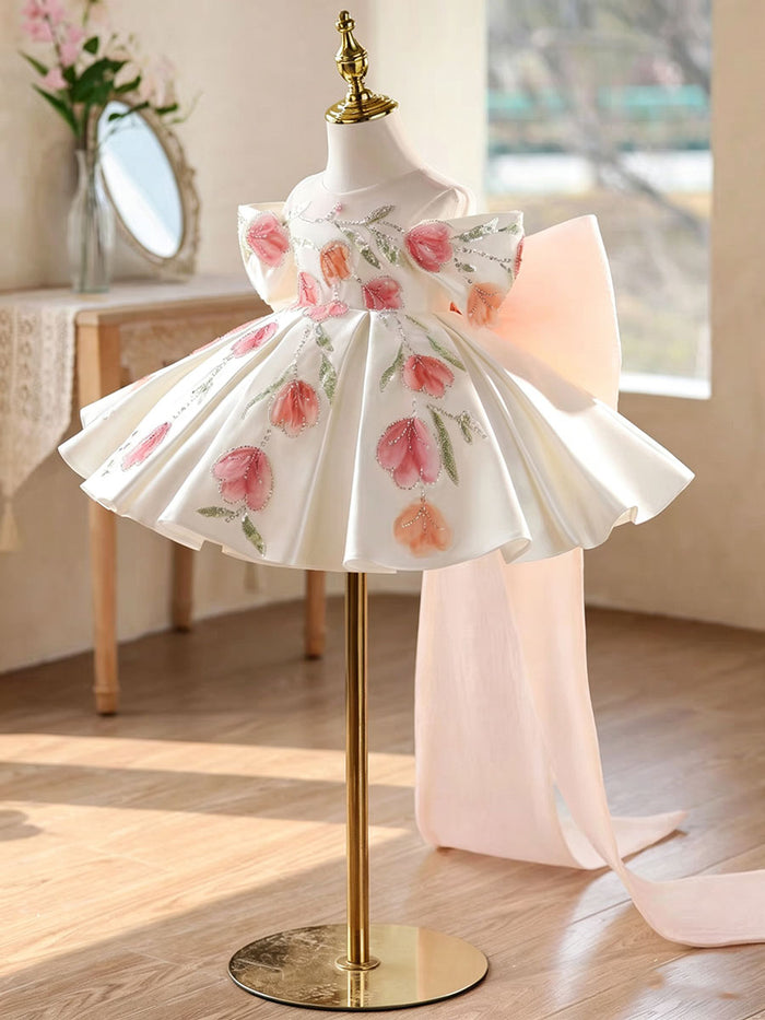 Luxury White Satin Flower Girl Dress with 3D Tulip Embroidery Princess Party Dress D267