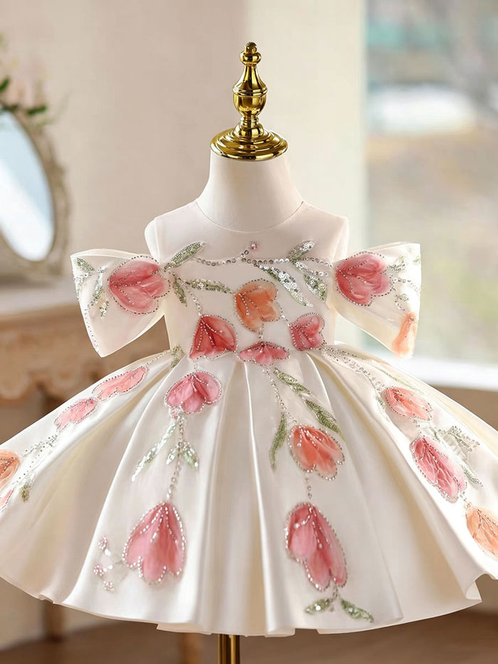 Luxury White Satin Flower Girl Dress with 3D Tulip Embroidery Princess Party Dress D267