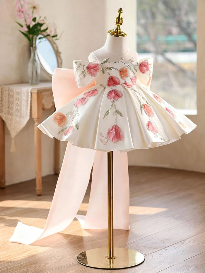 Luxury White Satin Flower Girl Dress with 3D Tulip Embroidery Princess Party Dress D267