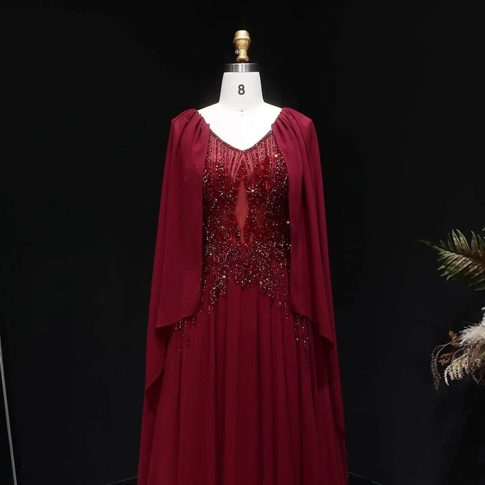 Luxury Wine Red Beaded Cape Evening Dress with V Neck SS053-DreamyVow