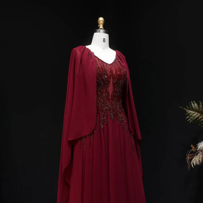 Luxury Wine Red Beaded Cape Evening Dress with V Neck SS053-DreamyVow