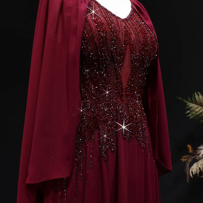 Luxury Wine Red Beaded Cape Evening Dress with V Neck SS053-DreamyVow