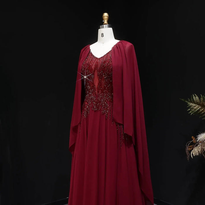 Luxury Wine Red Beaded Cape Evening Dress with V Neck SS053-DreamyVow