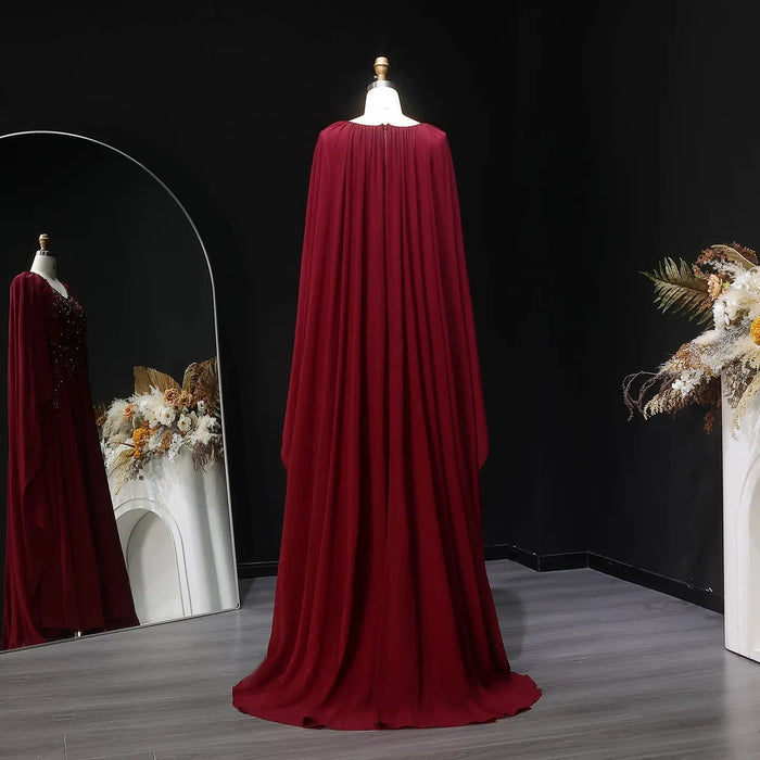 Luxury Wine Red Beaded Cape Evening Dress with V Neck SS053-DreamyVow