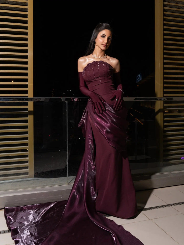 Luxury Wine Red Off-Shoulder Evening Gown with Long Train Beaded Bodice SS608