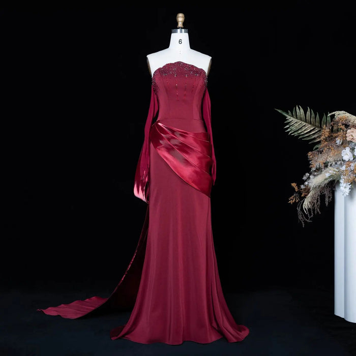 Luxury Wine Red Off-Shoulder Evening Gown with Long Train Beaded Bodice SS608