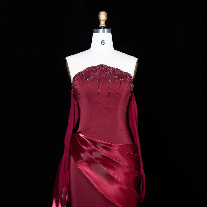 Luxury Wine Red Off-Shoulder Evening Gown with Long Train Beaded Bodice SS608
