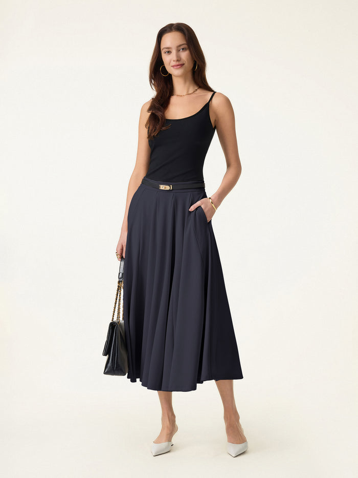 OGLmove 2Pcs Set Boatneck Top & Volume Skirt with Pockets