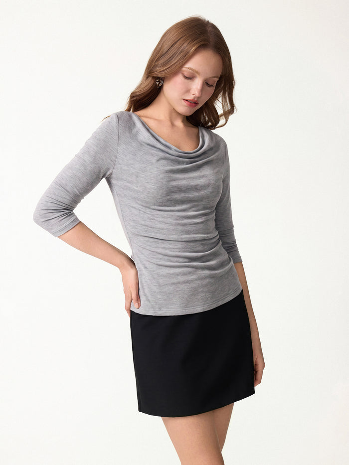 Lyocell-Wool Cowl Neck 3/4 Sleeve Ruched Cuff Top