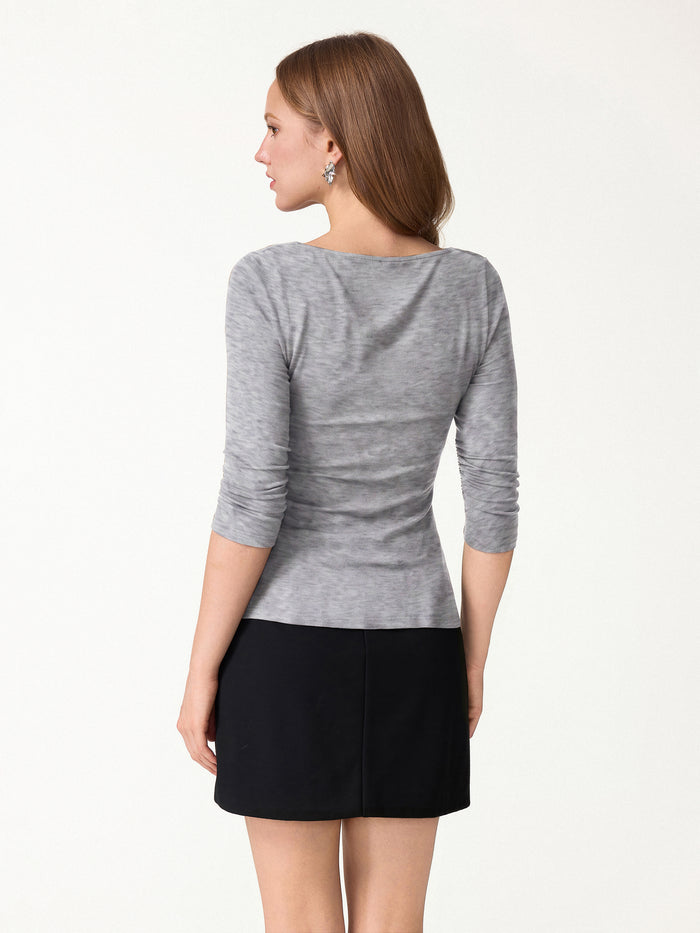 Lyocell-Wool Cowl Neck 3/4 Sleeve Ruched Cuff Top