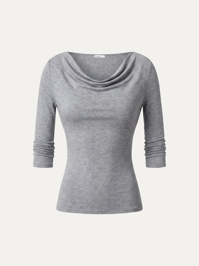 OGLmove Lyocell-Wool Cowl Neck 3/4 Sleeve Ruched Cuff Top Heather Grey XXS